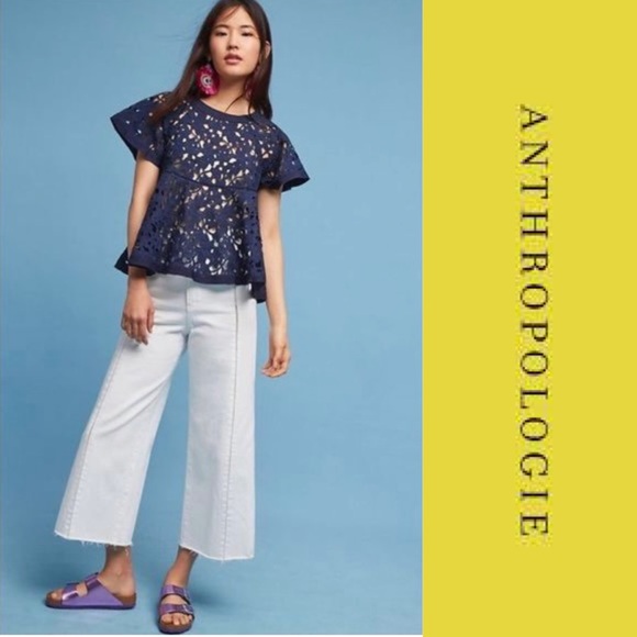 Anthropologie Eri + Ali Remy Navy Eyelet Lace Peplum Top- Size Small - Picture 2 of 14